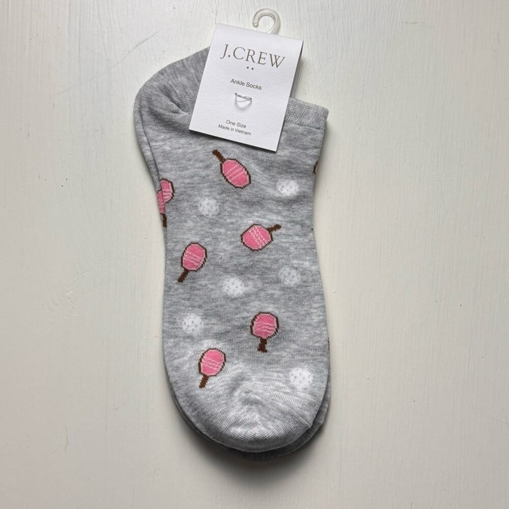 J. Crew Gray with Pink & White Pickleball Design  Ankle Socks  NWT Sz OS